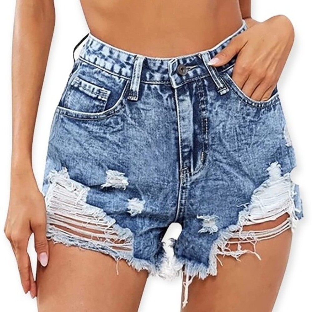 SHEIN Acid Washed High Rise Raw Hem Distressed Denim Shorts